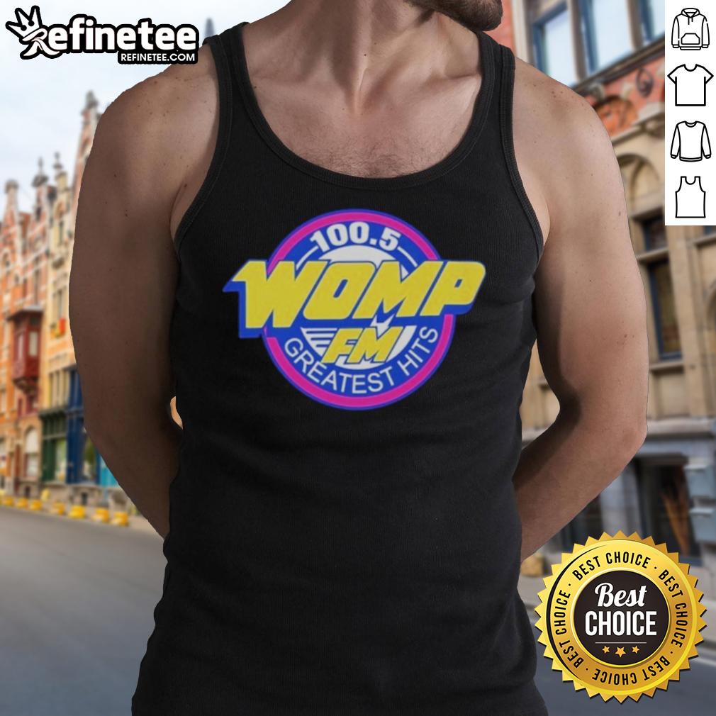 Alt Text: Official Womp FM Greatest Hits tank top featuring vibrant graphics and a stylish design for music lovers.