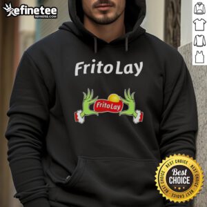 Original Grinch hands holding Frito Lay logo on a festive Christmas hoodie, perfect for holiday cheer and style.