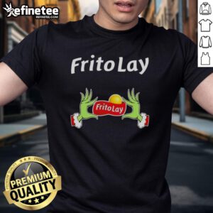 Original Grinch hands holding Frito Lay snacks on a festive Christmas T-shirt, perfect for holiday cheer and fun.