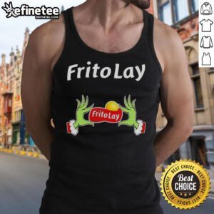 Original Grinch hands holding Frito Lay snacks on a festive Christmas tank top design for holiday cheer.