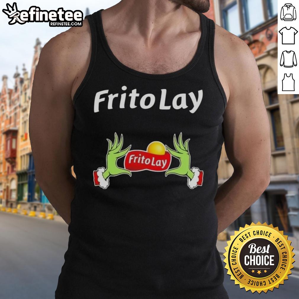 Original Grinch hands holding Frito Lay snacks on a festive Christmas tank top design for holiday cheer.