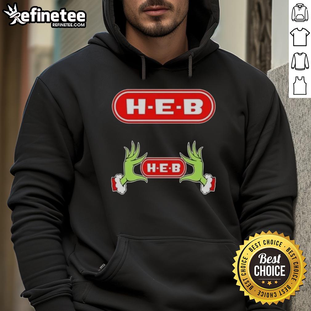 Original Grinch Hands Love H-E-B Christmas Hoodie featuring festive design and vibrant colors for the holiday season.