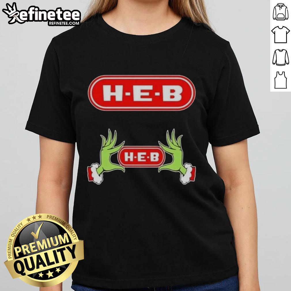 Original Grinch Hands Love H-E-B Christmas Ladies Tee featuring festive design and vibrant colors for the holiday season.
