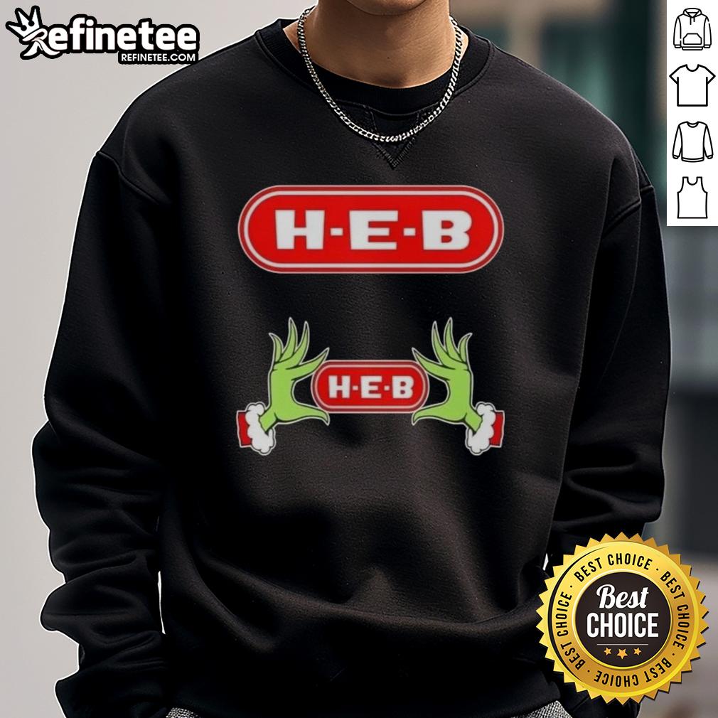 Original Grinch Hands Love H-E-B Christmas Sweatshirt featuring festive design and cozy fit for holiday celebrations.