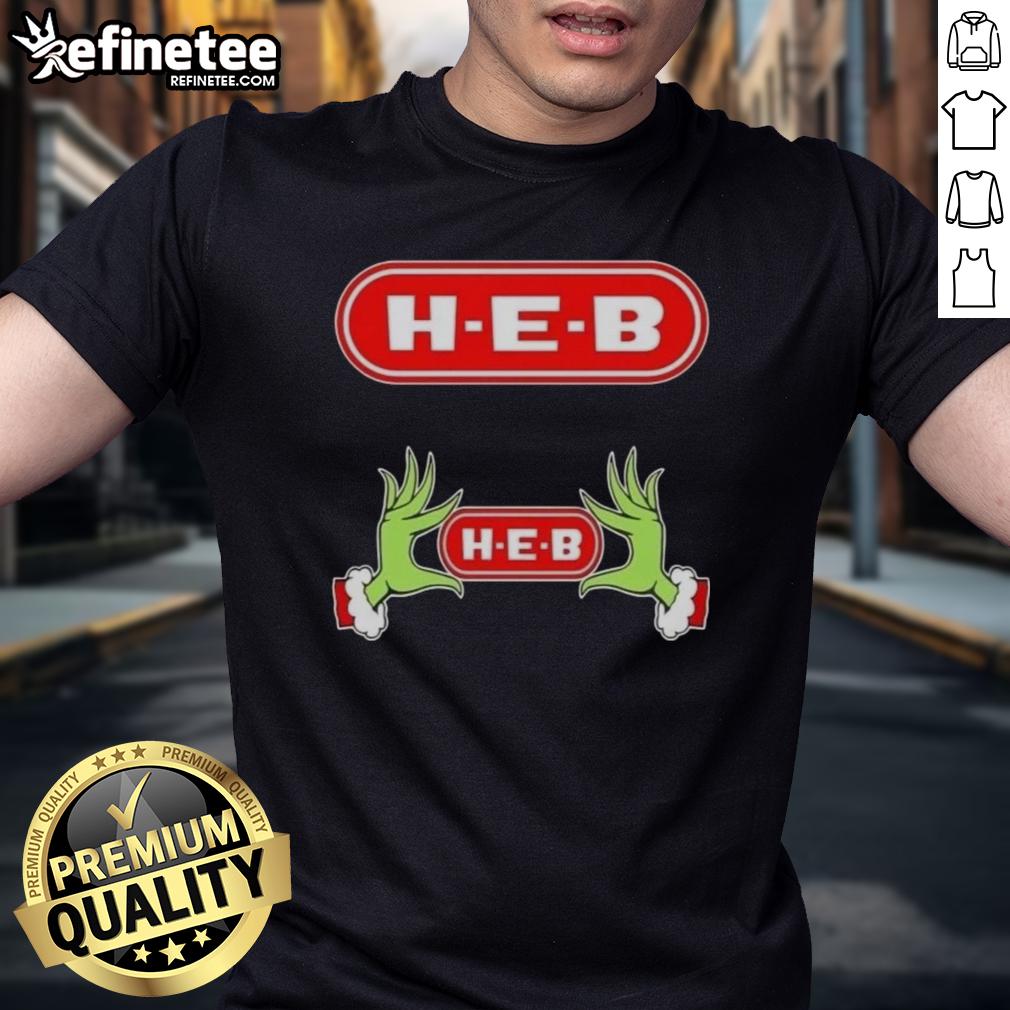 Original Grinch Hands Love H-E-B Christmas T-Shirt featuring whimsical Grinch design for festive holiday spirit.