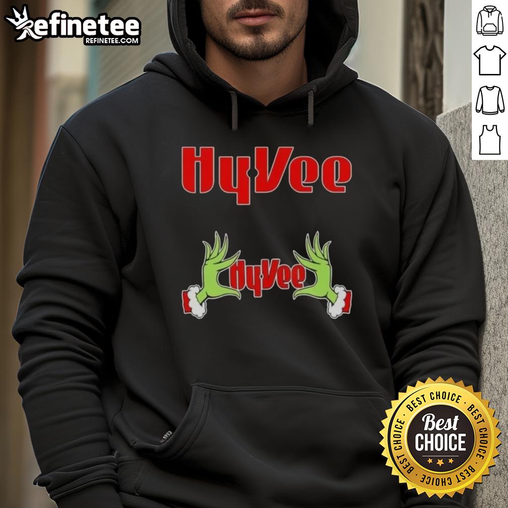 Alt Text: Cozy 'Original Grinch Hands Love Hy-Vee Christmas Hoodie' featuring festive design perfect for holiday celebrations.
