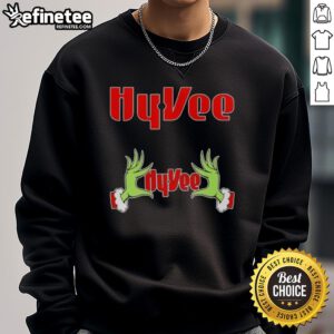Original Grinch Hands Love Hy-Vee Christmas Sweatshirt featuring festive design perfect for holiday celebrations.