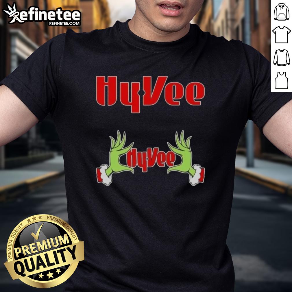 Alt Text: Original Grinch Hands Love Hyvee Christmas T-Shirt featuring festive design perfect for holiday celebrations.