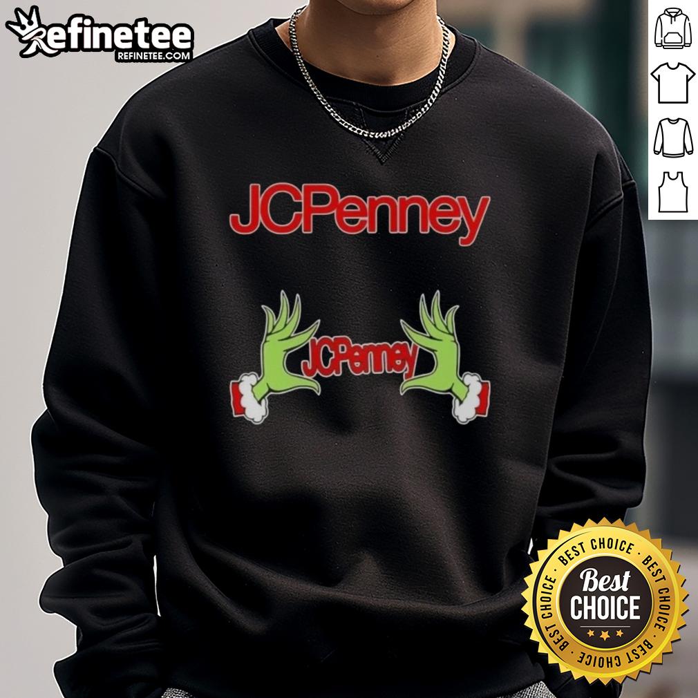 Original Grinch hands design on a festive JCPenney Christmas sweatshirt, perfect for holiday cheer and celebrations.