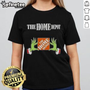 Alt Text: Original Grinch Hands Love The Home Depot Christmas Ladies Tee featuring festive design and vibrant colors.