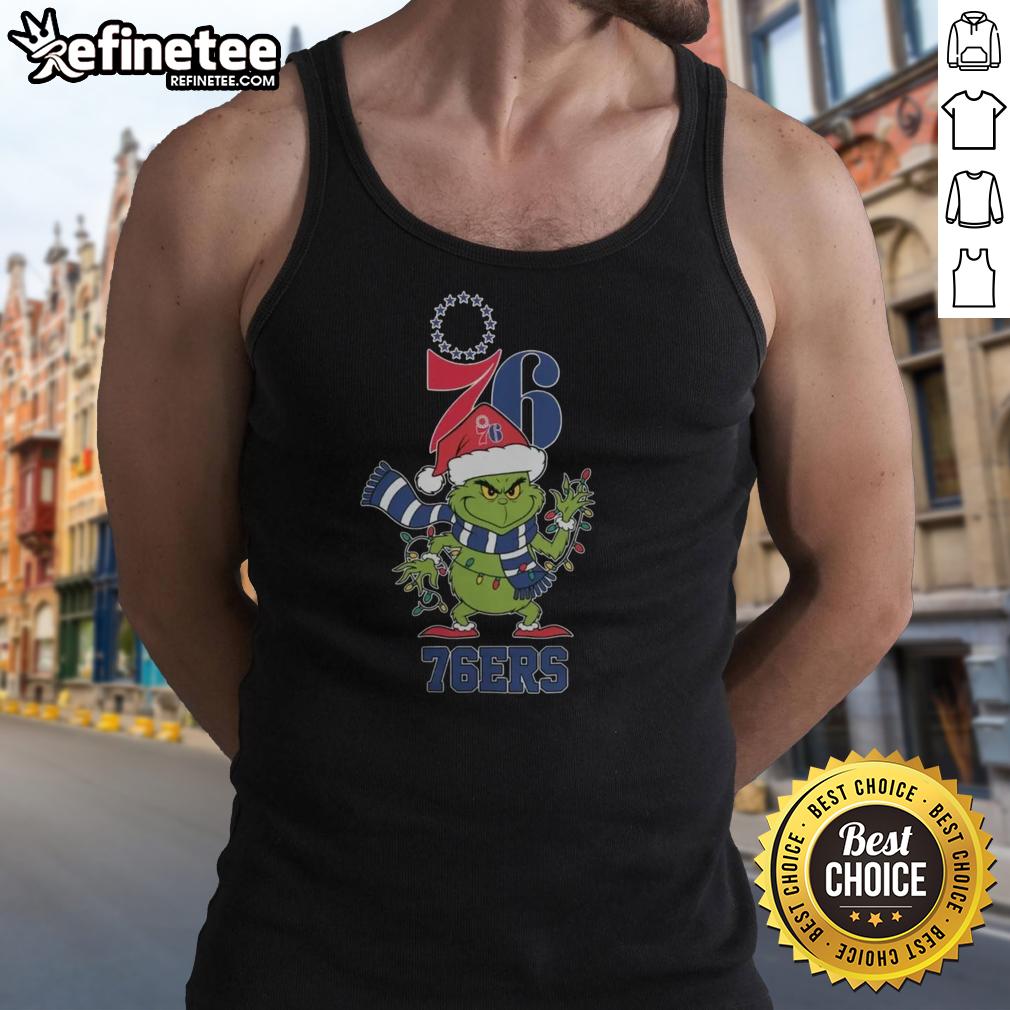 Original Philadelphia 76ers Christmas Grinch Santa Hat Holiday 2025 Tank Top featuring festive design and team logo.