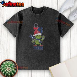 Original Philadelphia 76ers Christmas Grinch Santa Hat Holiday 2025 Washed T-Shirt, perfect for festive basketball fans.