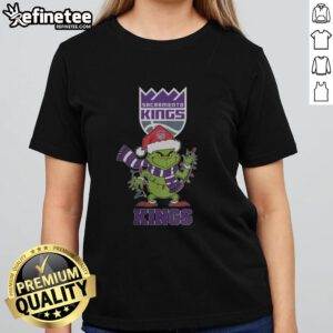Original Sacramento Kings Christmas Grinch Santa Hat Holiday 2025 Ladies Tee, perfect for festive basketball fans.