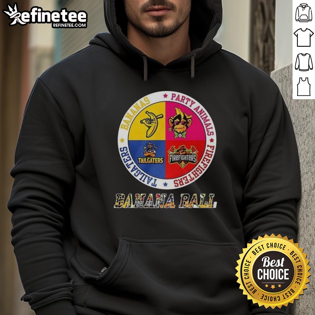 Alt Text: Original Savannah Bananas Party Animal Firefighters Tailgater Logo Hoodie featuring vibrant colors and fun design.