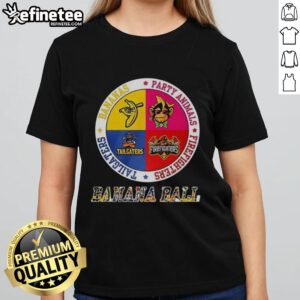 Original Savannah Bananas Party Animal Firefighters Tailgater logo on a ladies tee, perfect for game day and tailgating.