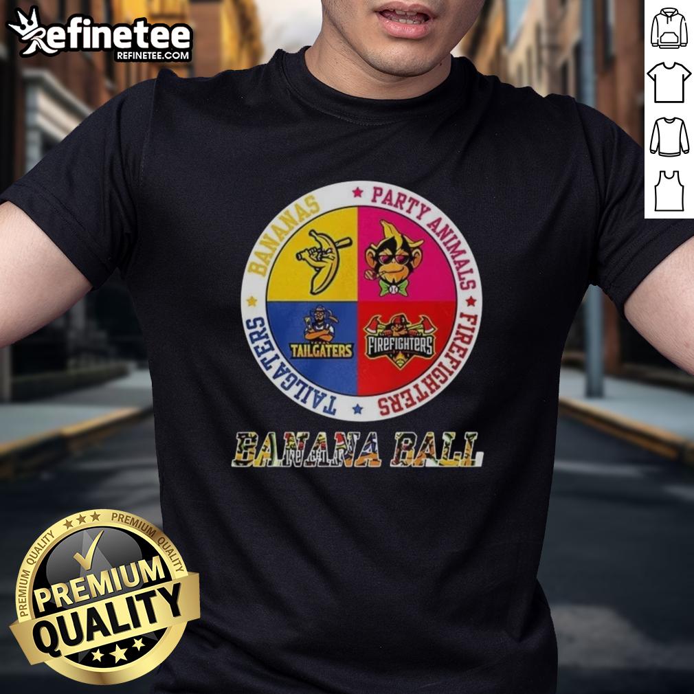 Alt Text: Savannah Bananas Party Animal Firefighters Tailgater logo t-shirt featuring vibrant colors and a fun design for fans.