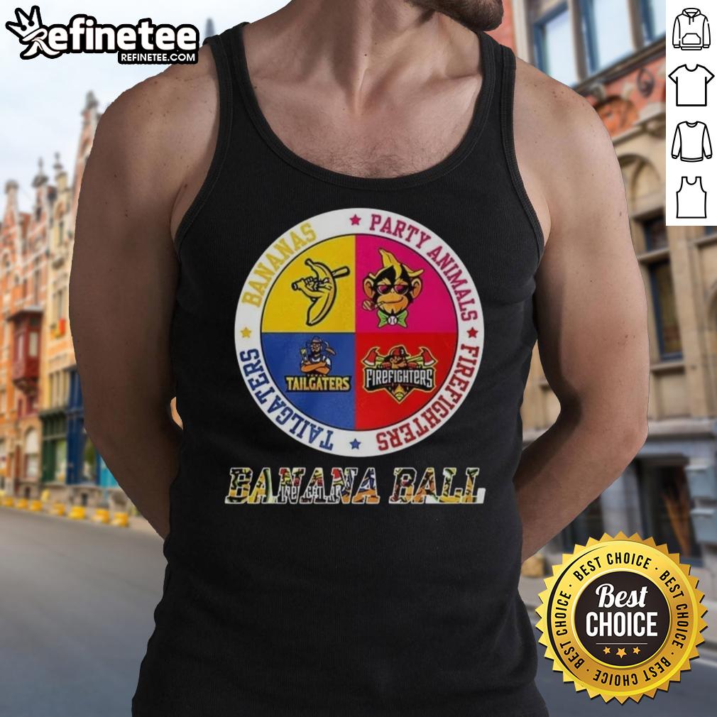 Original Savannah Bananas Party Animal Firefighters tank top logo featuring vibrant design for tailgating fun.