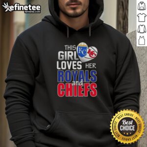Alt Text: Girl wearing a Missouri sports hoodie featuring Royals and Chiefs logos, showcasing team pride and style.