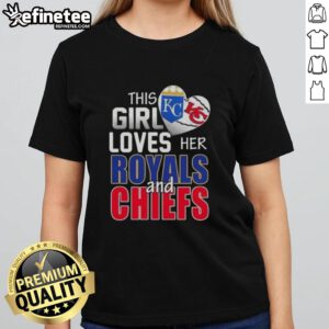 This girl loves her Missouri sports, wearing a Royals and Chiefs ladies tee, showcasing team pride and style.