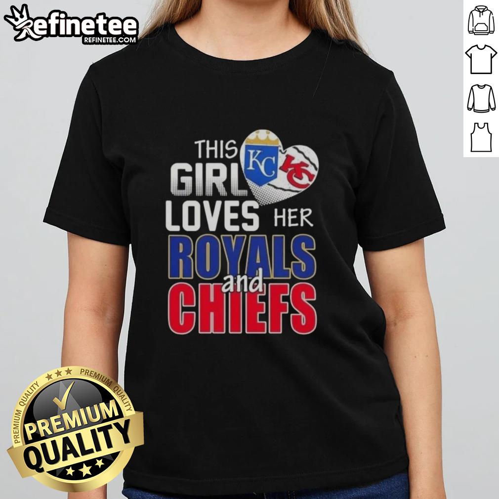 This girl loves her Missouri sports, wearing a Royals and Chiefs ladies tee, showcasing team pride and style.