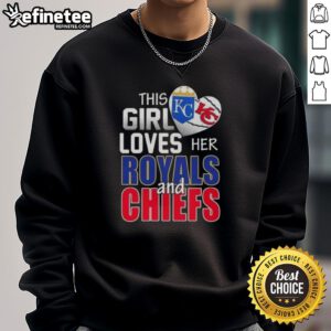 Alt Text: Girl wearing a This Girl Loves Her Missouri Sports sweatshirt featuring Royals and Chiefs logos, showcasing team pride.