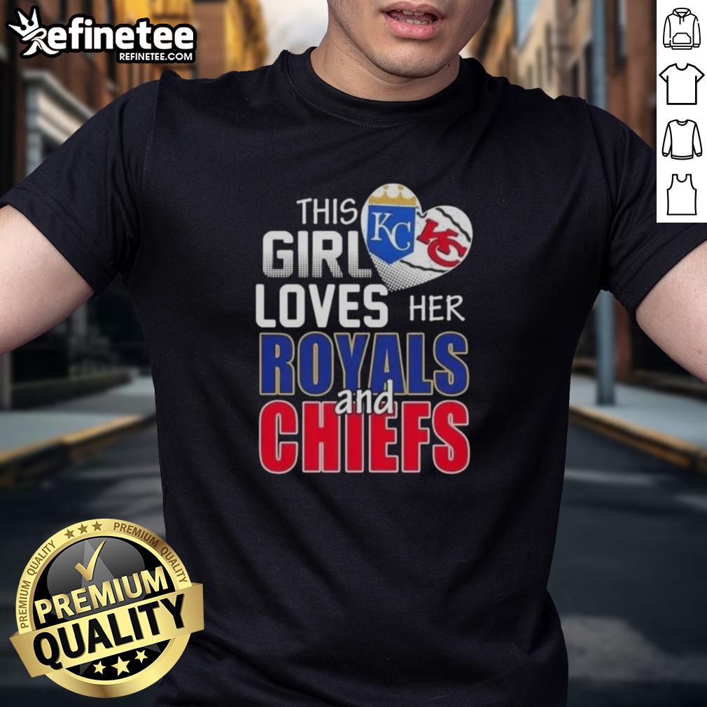Alt Text: Original This Girl Loves Her Missouri Sports Royals and Chiefs T-Shirt featuring vibrant team logos and stylish design.