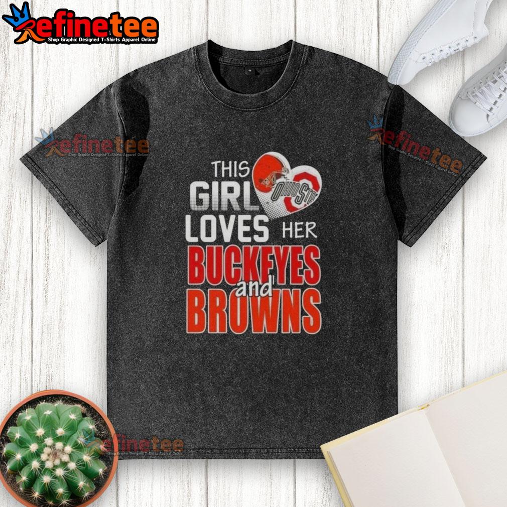 Ohio sports fan wearing a washed t-shirt featuring Buckeyes and Browns, showcasing her love for Ohio teams.