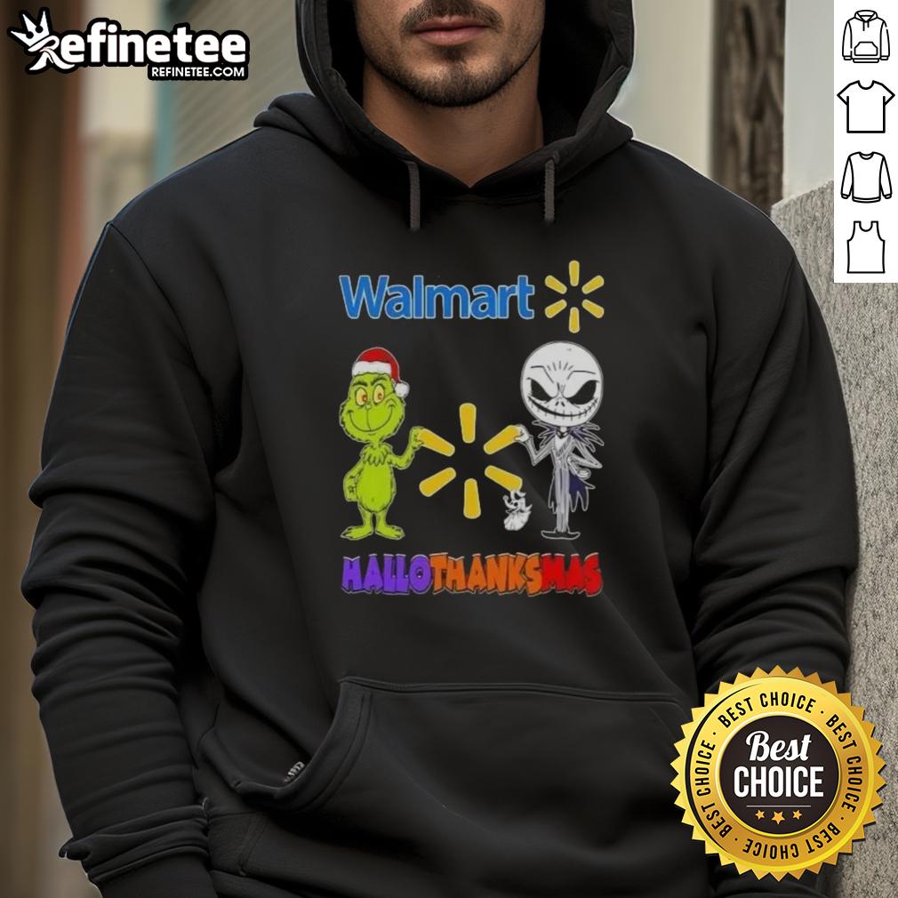 Original Walmart X Grinch and Jack Skellington hoodie featuring a fist bump design for a festive Hallothanksmas celebration.