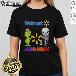 Alt Text: Original Walmart X Grinch and Jack Skellington Friends Fist Bump Happy Hallothanksmas Ladies Tee design