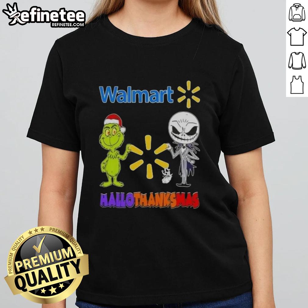 Alt Text: Original Walmart X Grinch and Jack Skellington Friends Fist Bump Happy Hallothanksmas Ladies Tee design