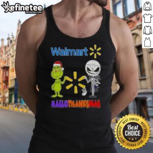 Original Walmart X Grinch and Jack Skellington Friends Fist Bump Happy Hallothanksmas Tank Top design featuring festive characters.