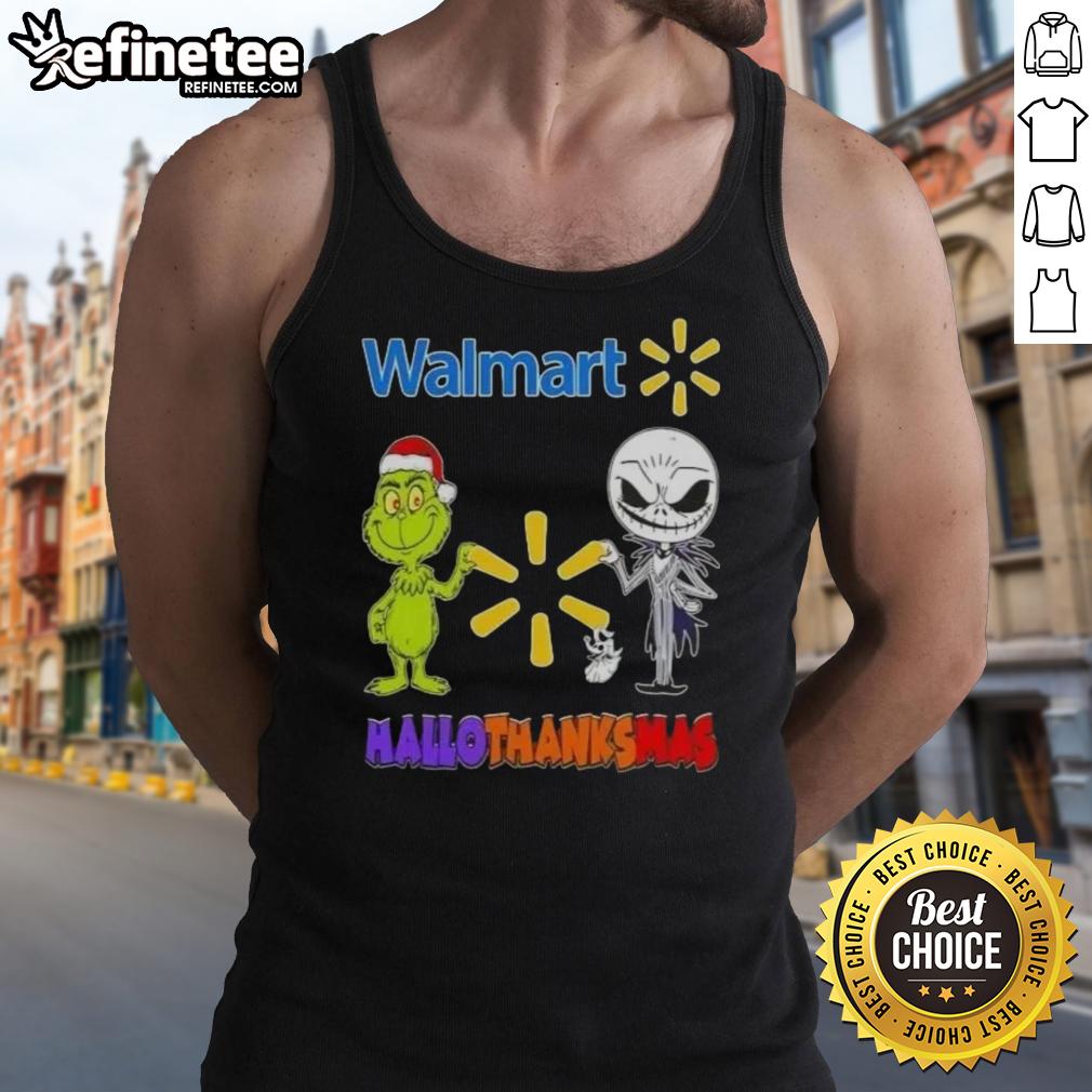 Original Walmart X Grinch and Jack Skellington Friends Fist Bump Happy Hallothanksmas Tank Top design featuring festive characters.