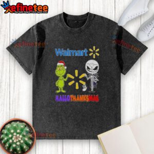 Alt Text: Original Walmart X Grinch and Jack Skellington fist bump on a Happy Hallothanksmas washed t-shirt design.