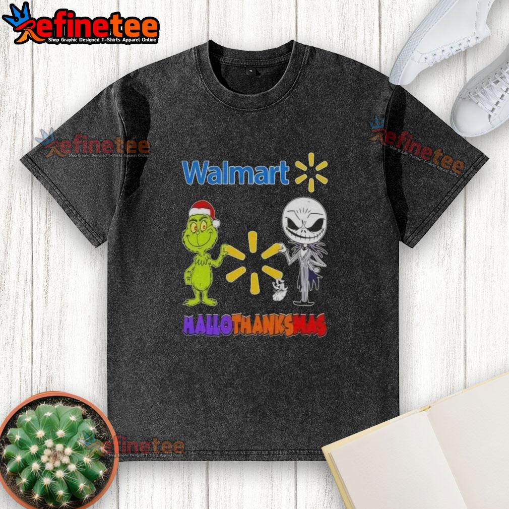 Alt Text: Original Walmart X Grinch and Jack Skellington fist bump on a Happy Hallothanksmas washed t-shirt design.