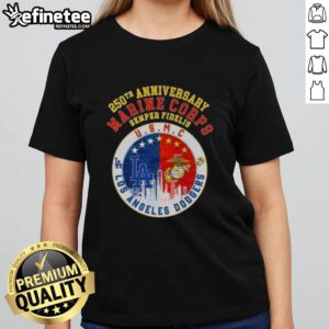 Premium 250th Anniversary Marine Corps Semper Fidelis U.S.M.C. Dodgers baseball skyline ladies tee shirt design.