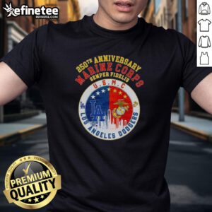 Premium 250th Anniversary Marine Corps Semper Fidelis U.S.M.C Dodgers Baseball T-Shirt featuring Los Angeles skyline.