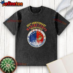 Alt Text: Premium 250th Anniversary U.S. Marine Corps Semper Fidelis t-shirt featuring Los Angeles Dodgers baseball skyline design.