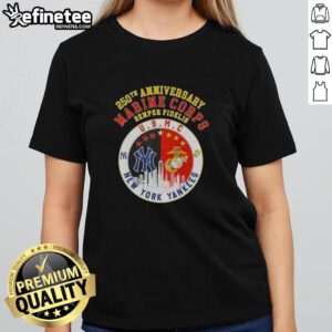 Premium 250th Anniversary Marine Corps Semper Fidelis U.S.M.C. New York Yankees Skyline Ladies Tee shirt design.