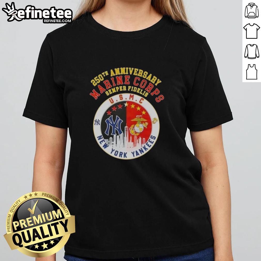 Premium 250th Anniversary Marine Corps Semper Fidelis U.S.M.C. New York Yankees Skyline Ladies Tee shirt design.