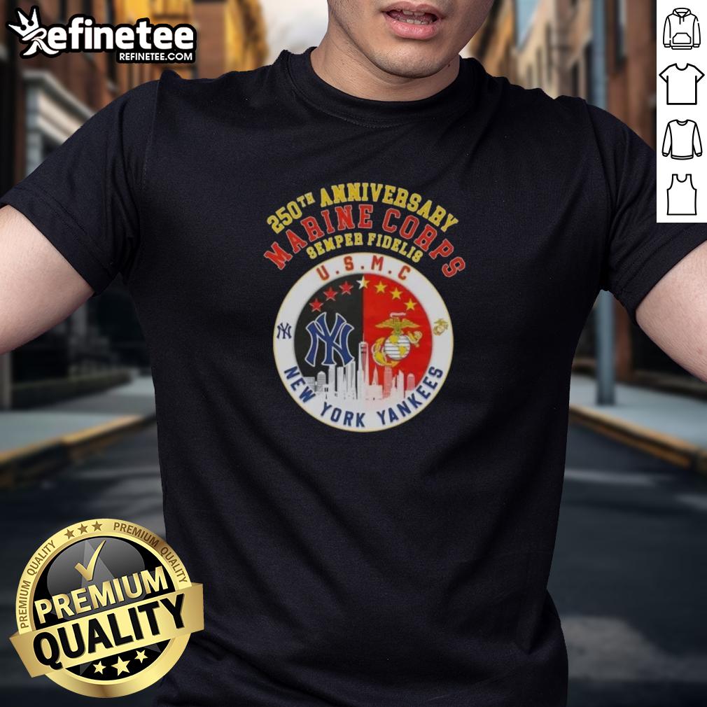 Premium 250th Anniversary Marine Corps Semper Fidelis U.S.M.C New York Yankees baseball skyline T-shirt design.
