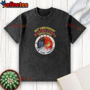 Alt Text: Premium 250th Anniversary Marine Corps Semper Fidelis U.S.M.C. New York Yankees Baseball Skyline Washed T-Shirt.