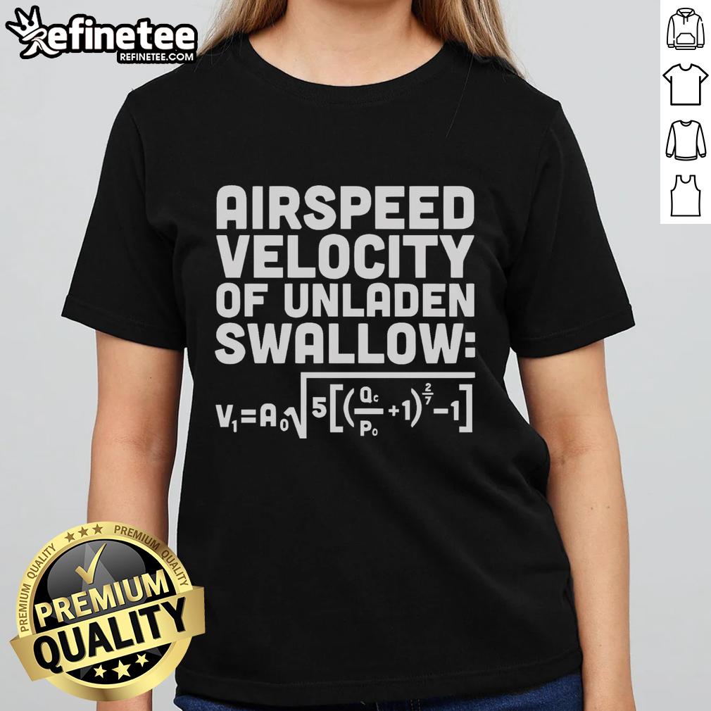 Premium Airspeed Velocity of an Unladen Swallow ladies tee featuring a stylish design for bird lovers and humor enthusiasts.