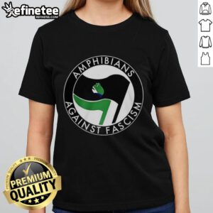 Premium Amphibians Against Fascism Frog Flag Ladies Tee showcasing a vibrant frog graphic on a stylish shirt.