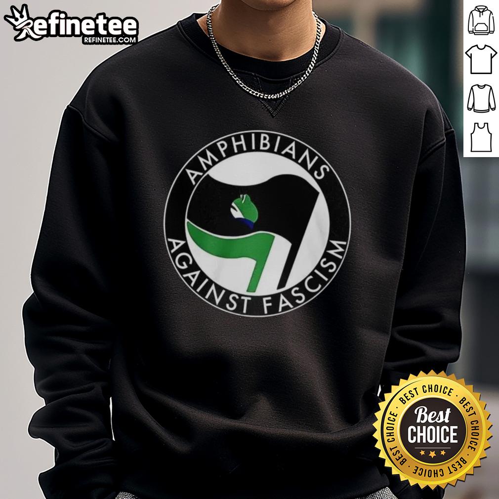 Premium Amphibians Against Fascism Frog Flag Sweatshirt featuring a vibrant frog design and bold anti-fascism message.
