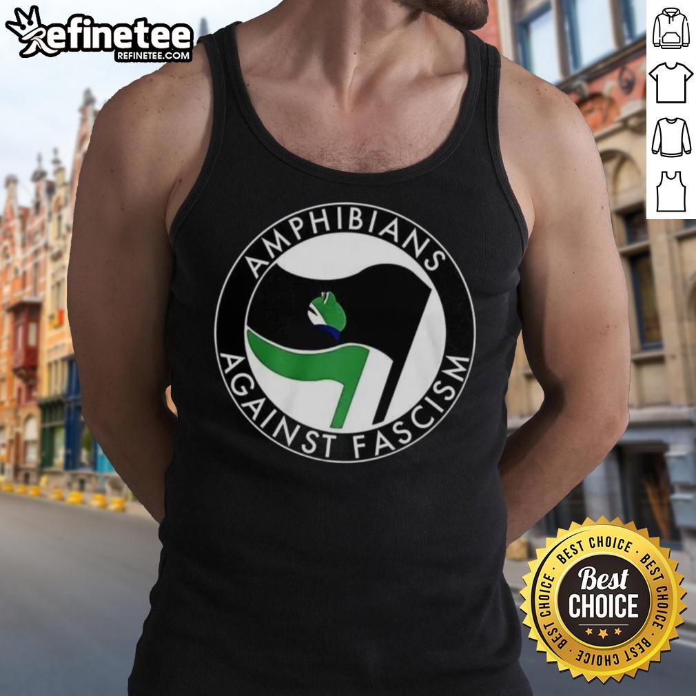 Alt Text: Premium Amphibians Against Fascism Frog Flag Tank Top featuring a vibrant frog design and bold text.