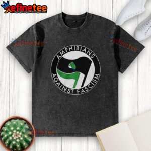 Premium Amphibians Against Fascism frog flag washed t-shirt featuring a vibrant frog design promoting anti-fascist values.