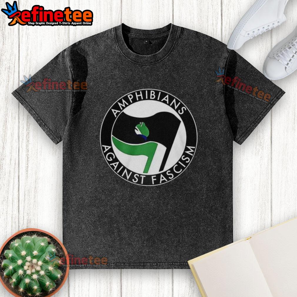 Premium Amphibians Against Fascism frog flag washed t-shirt featuring a vibrant frog design promoting anti-fascist values.