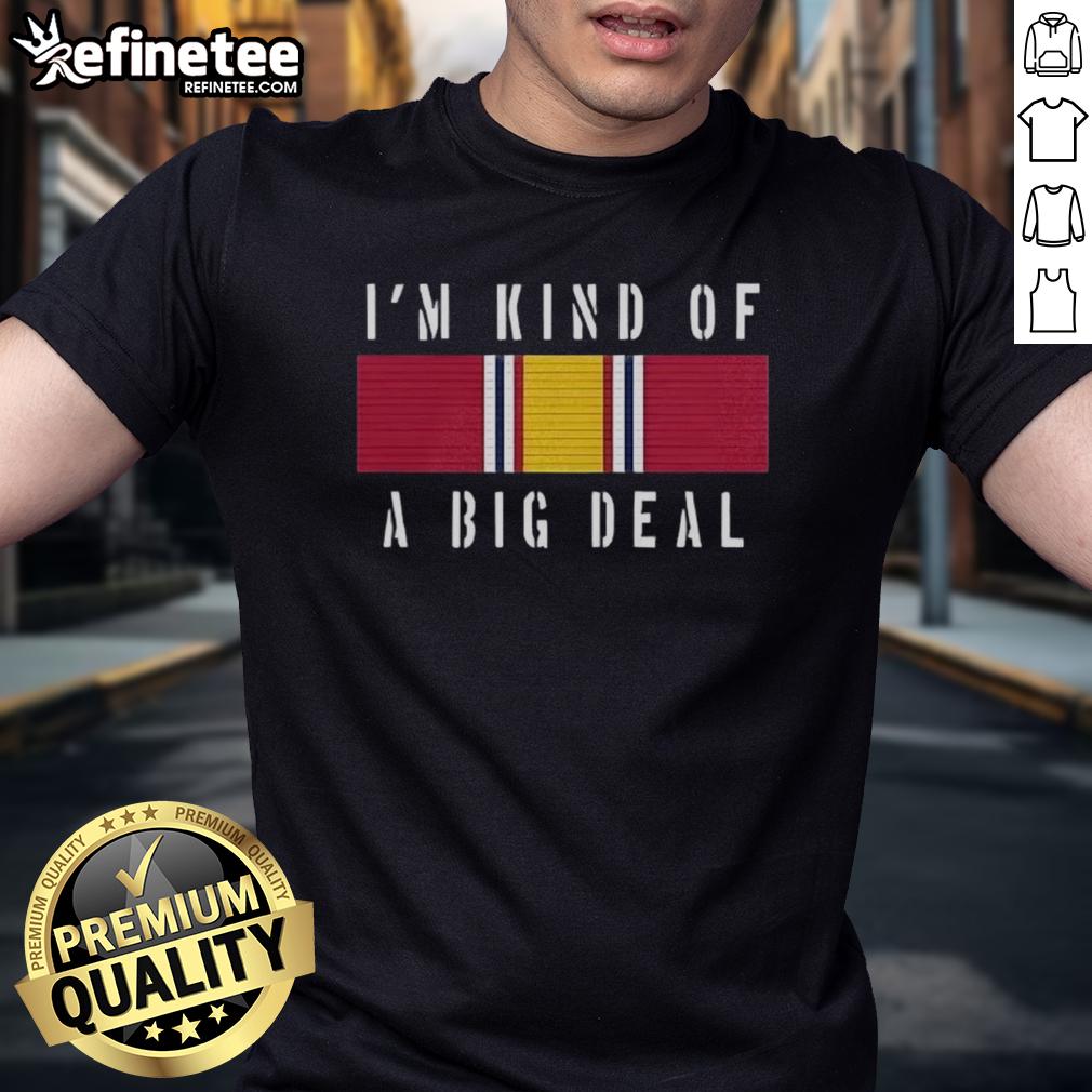 Alt Text: Premium Anchorman I'M Kind Of A Big Deal meme T-shirt featuring Brian Kerg and National Defense Service Medal design.