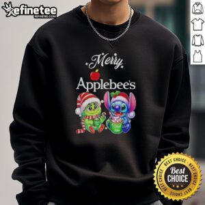Premium Baby Grinch and Stitch X Applebee's Merry Christmas sweatshirt featuring festive designs for the holiday season.