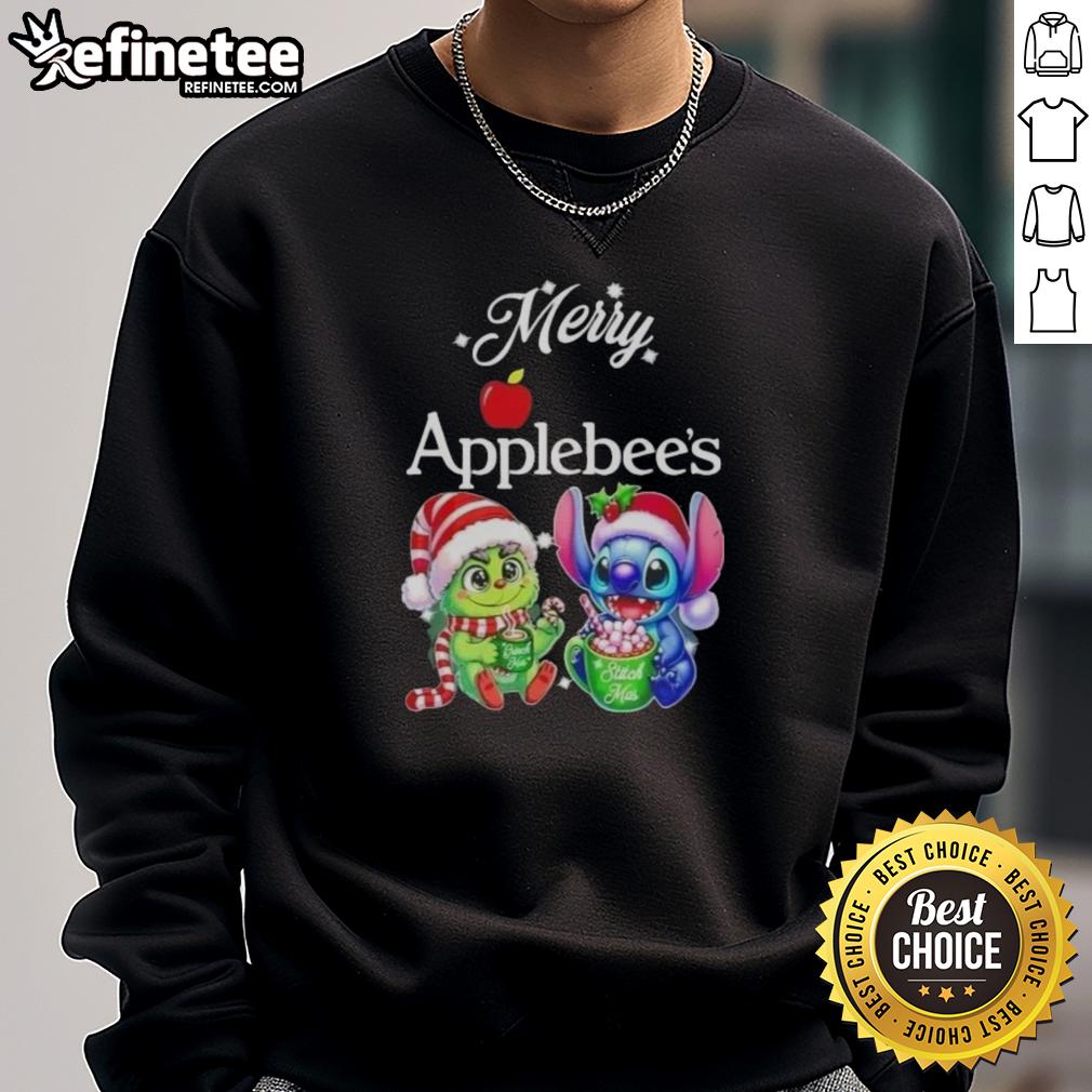 Premium Baby Grinch and Stitch X Applebee's Merry Christmas sweatshirt featuring festive designs for the holiday season.